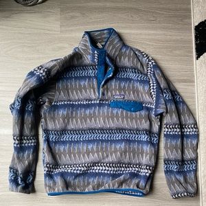 Patagonia Blue Gray Tribal Print Fleece Jacket SMALL